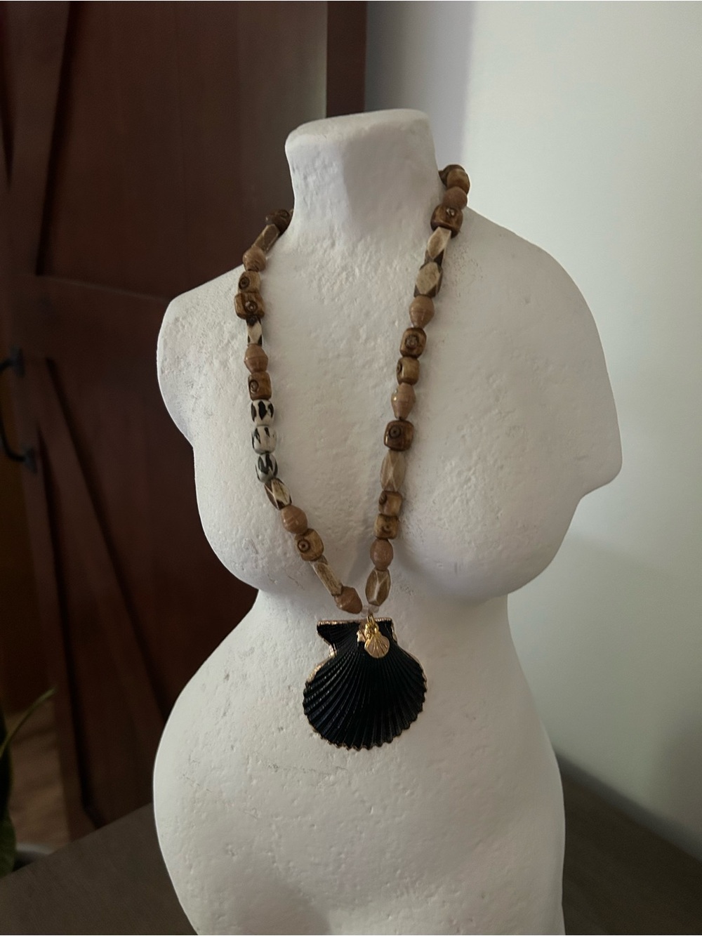 Handmade Brown Wood Bead Necklace with Black Shell Pendant